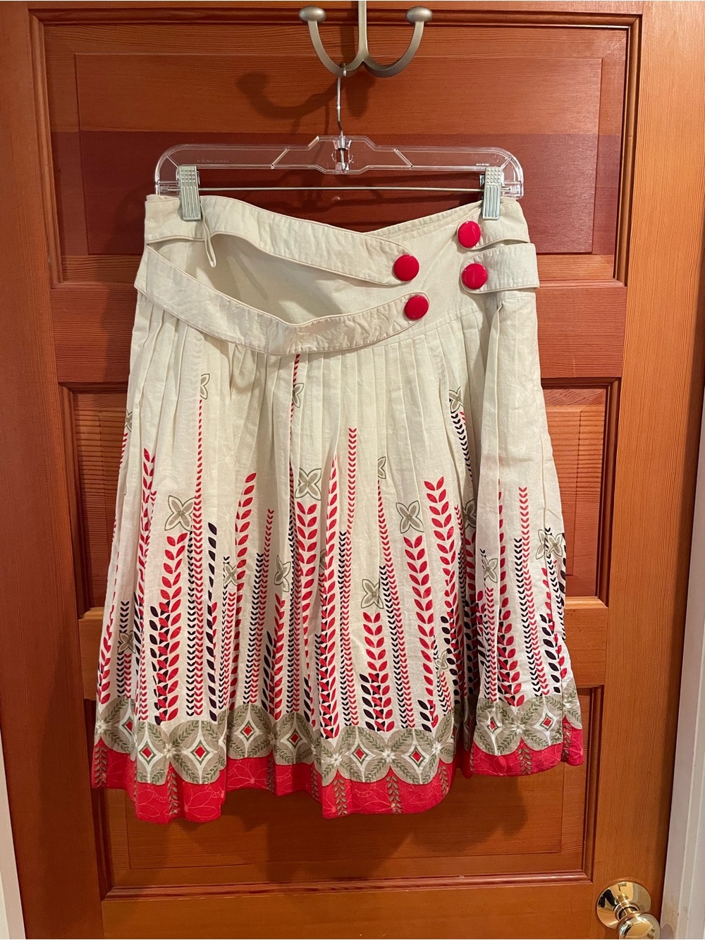 Cream Skirt with Red Trim and Pattern with button detail